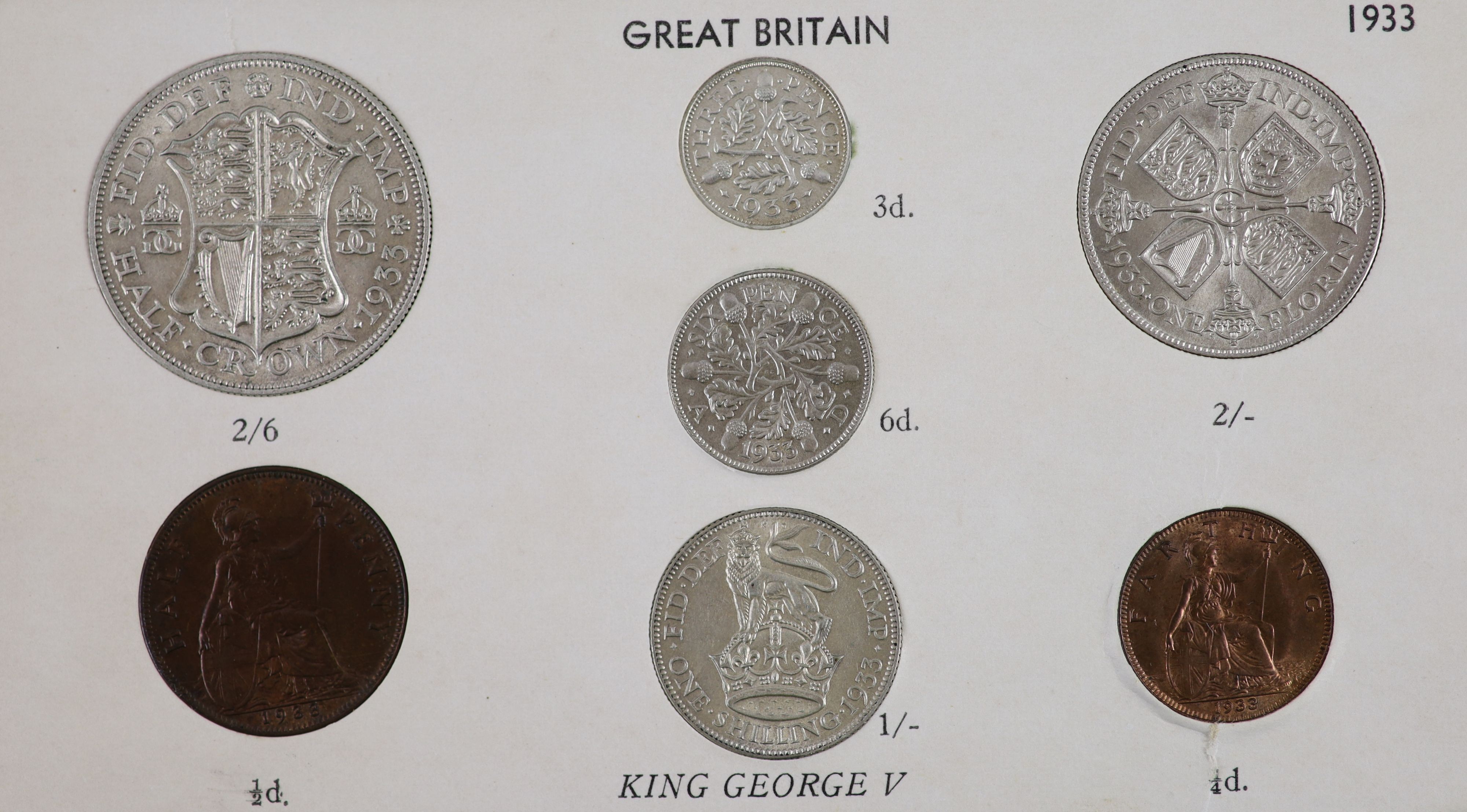 A George V specimen set of nine coins, 1933, fourth coinage, comprising Crown, (S4036), lightly toned, near EF, halfcrown, florin, sixpence and threepence, cleaned otherwise good EF/UNC, shilling, cleaned good VF/EF, pen